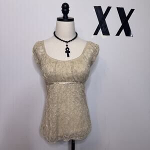 Vintage Y2K Mesh Lace Ivory Babydoll Off Shoulder Top • Grunge Indie Fairy S